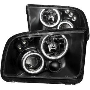 Передняя оптика черная диодная с ангельскими глазками для Ford Mustang 2005-2009