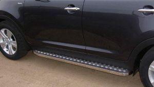Подножки с листом, окантовка прямоугольный профиль 20х40мм, окантовка нержавейка, лист алюминий, для авто Kia Sportage, Hyundai IX35 2010-