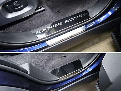 Накладки на пластиковые пороги (лист зеркальный надпись Range Rover) код LRRRSP15-03 для Range Rover Sport 2015-