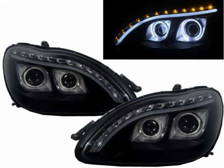 Передняя оптика диодная черная с ангельскими глазками W222 Style для Mercedes Benz W220 1998-2005