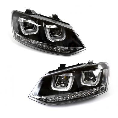 Передняя оптика диодная черная с ангельскими глазками U-Style для VW Polo 6R, 6/2009-3/2014 + Polo 6C, 4/2014-