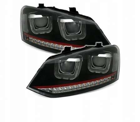Передняя оптика диодная черная с ангельскими глазками R-Style для VW Polo 6R, 62009-32014 + Polo 6C, 42014-