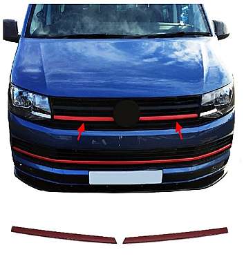 Накладки на решетку радиатора нижние красные, нержавейка с полимерным покрытием, 2шт, для авто VW T6 Transporter (Higline) 2015-2020