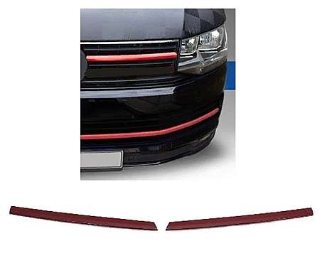 Накладки на решетку радиатора верхние красные, нержавейка с полимерным покрытием, 2шт, для авто VW T6 Transporter (Comfortline-Highline) 2015-2020