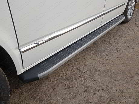 Пороги алюминиевые с пластиковой накладкой (карбон серые) 2120 мм VWMULT15-13GR для Volkswagen Multivan T6 2015-