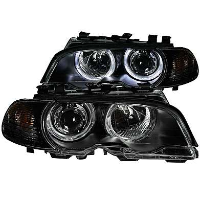 Передние фары черные с ангельскими глазками Anzo 121269 для BMW E46 4D 2000-2003 / M3 2001-2004