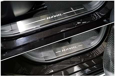 Накладки на внутренние пороги с надписью "Haval", нержавейка матовая, 4шт, на пластик, для авто Haval Jolion 2021-
